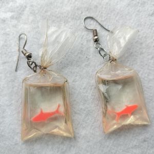 Circus Gold Fish in Bag Earrings
